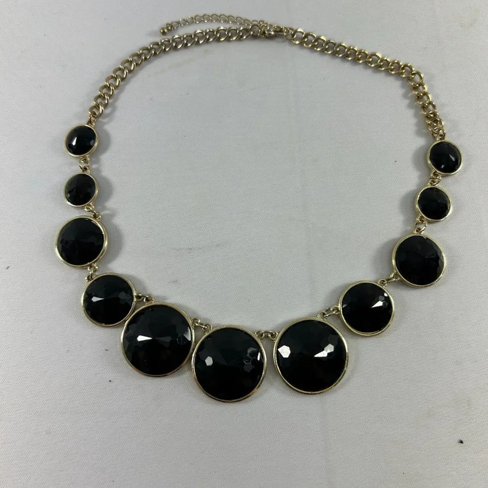 Gold Tone Necklace Black Bubble Faceted Graduated Beads 19-22